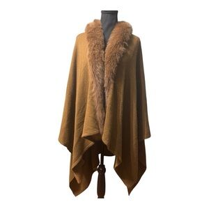 🤎 The Cashmere Project Camel Cashmere Cape Poncho w/ Faux Fur Trim 🤎